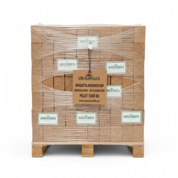 Briqueta ARDEBEN RUF - Madera Dura Natural - Larga Duración - 100 Paquetes de10 kg (5 briquetas)
